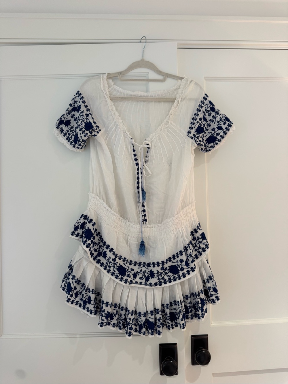 LoveShackFancy White Mini Dress with Navy Blue Embroidery